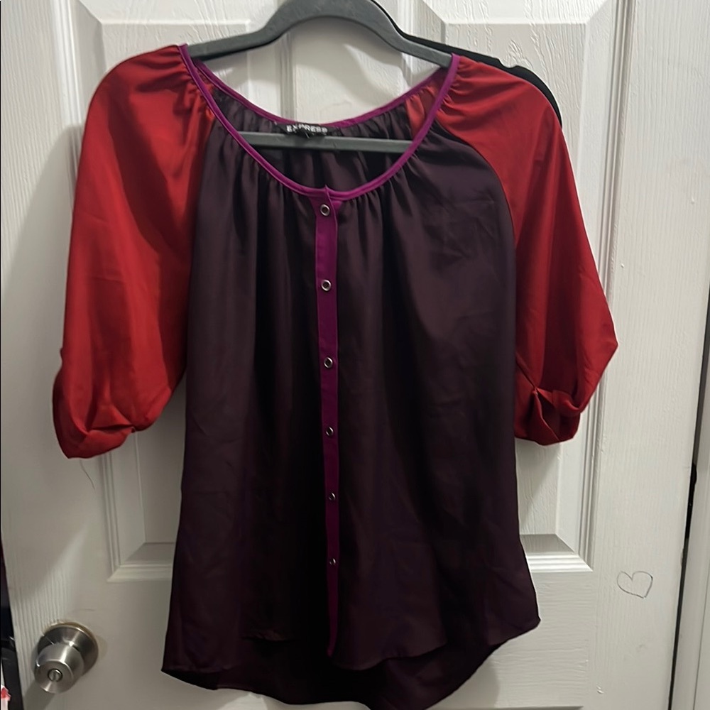 Express Purple and Red Puff Sleeve Blouse with 3/4 Sleeve and Relaxed Fit